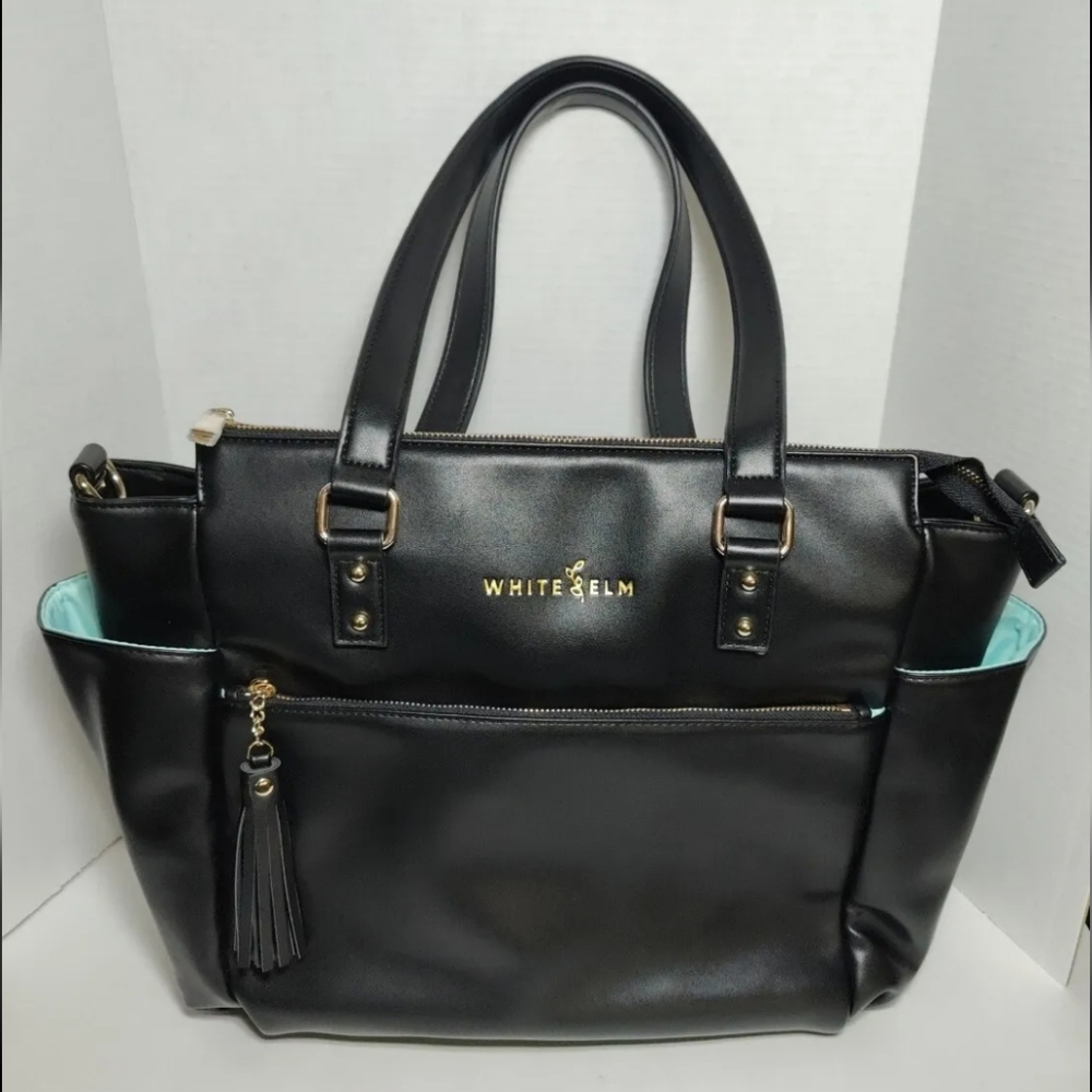 White Elm - Black Leather Diaper Bag Tote Backpack Large - Excellent Condition